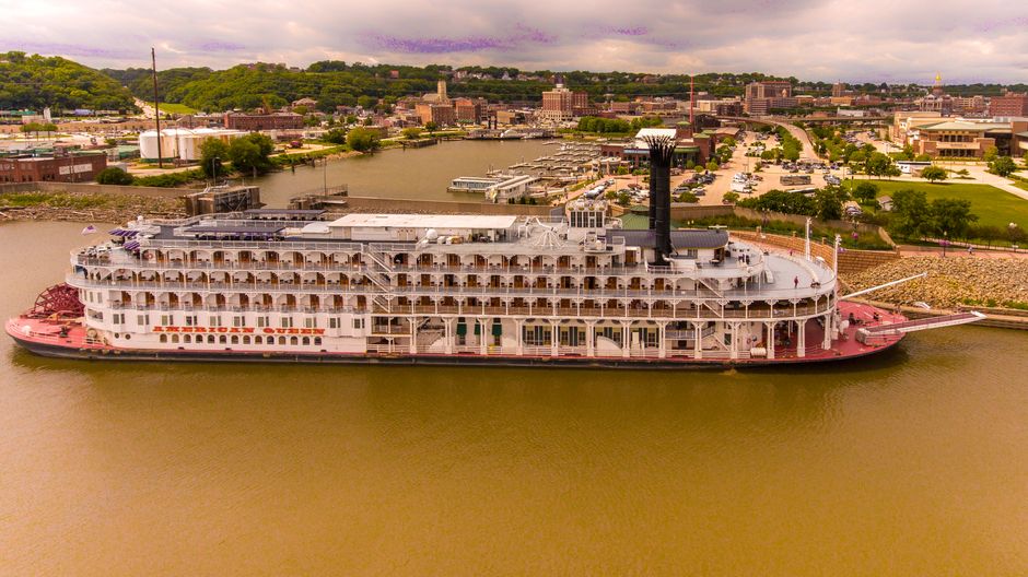 A riverboat docked along the Mississippi River in downtown Dubuque, Iowa