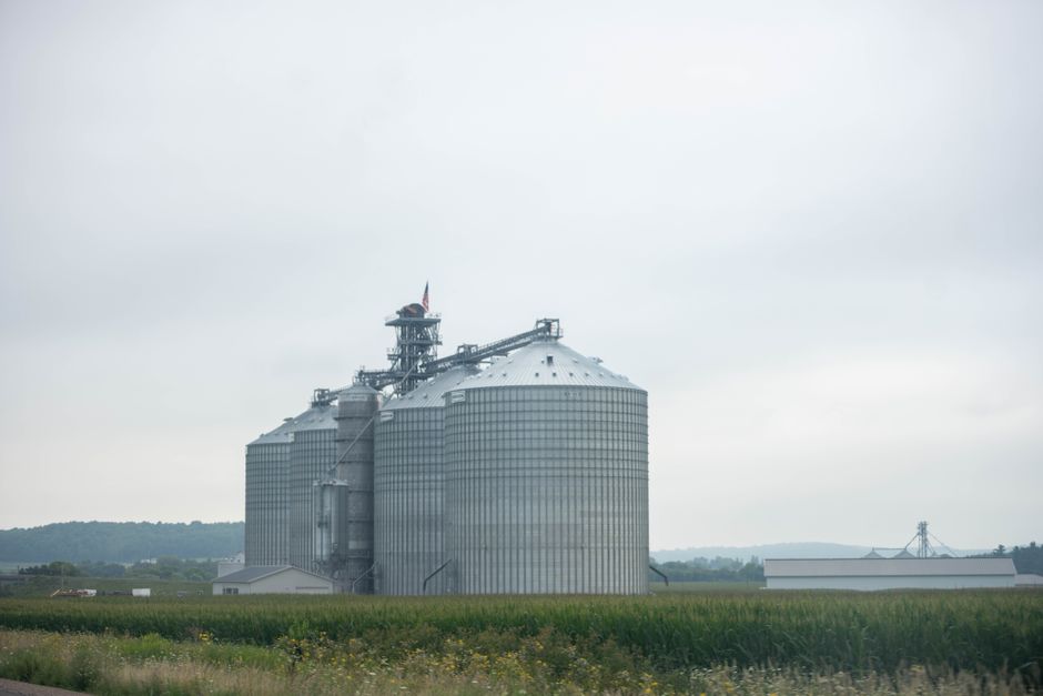 Grain silos and farmland in rural Dubuque County, Iowa